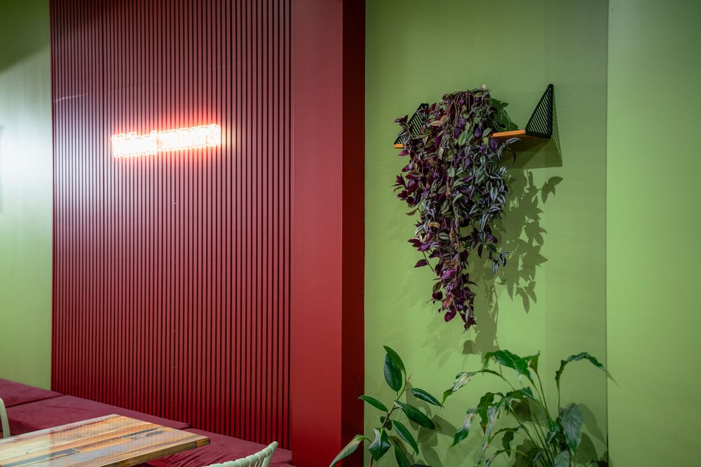 The red feature wall, neon sign and trailing plant on the green wall